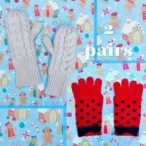 2 Pair Bundle ❉ GapKids Cable Knit Cream Mittens & Red Bow Polka Dot Gloves